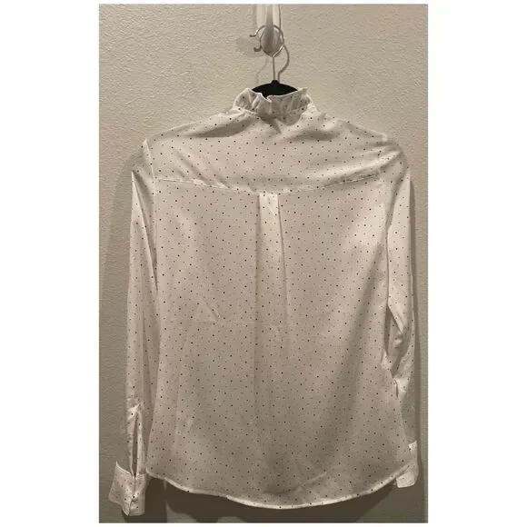 EXPRESS Slim Polka Dot Ruffle Neck Antique White Blouse - Picture 6 of 6